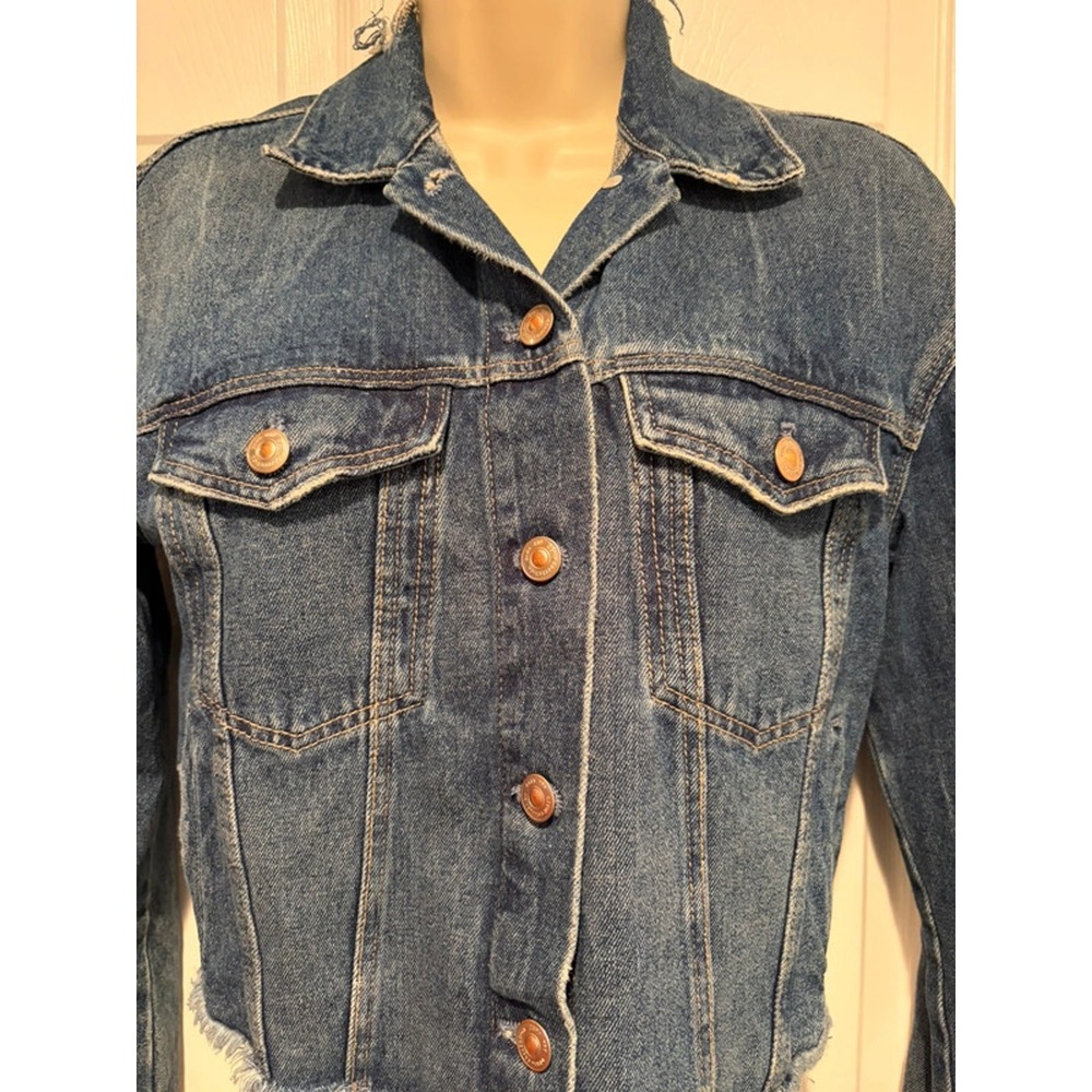 ZARA Trafaluc Cropped Denim Jacket Distressed Raw Hem Blue S 5252/215/400